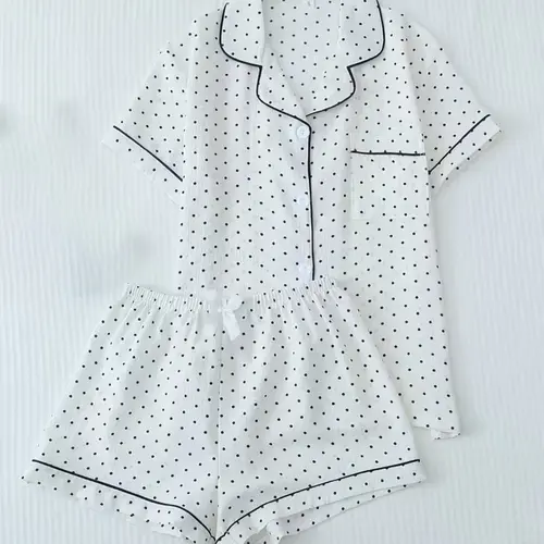 Women's Polka Dot Pajama Set, Casual Short Sleeve Shirt with Pocket, Elastic Waist Shorts, All Season Sleepwear, Comfortable Home