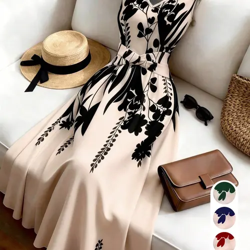 Women's Fashion Feminine Casual Chic Floral Print Sleeveless Vneck Dress, Summer Clothes for Vacation, Office, Beach and Graduation Party, Boho V Neck