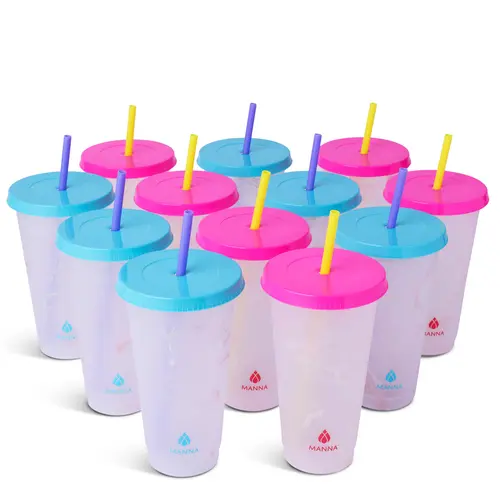 24-Piece Marble Color-Changing 24oz Plastic Tumbler Set with Lid - Washable Unisex Adults Portable Reusable Cold Cups, Colorful Kitchenware Water Bottles for Daily Use
