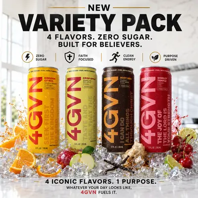 4GVN Christian Sport Energy Beverage – Classic Variety Pack, 12 Cans, 200mg Natural Caffeine, 0 Sugar Sparkling Fruit Flavor Soda, Daily Energy Boost Beverage for Believers, Sparkling Energy