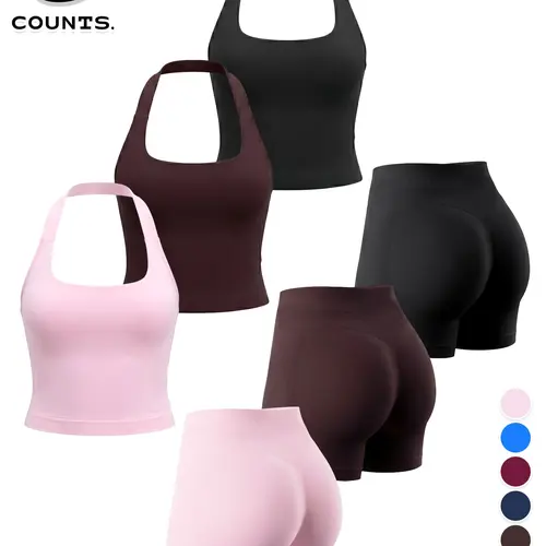 6-Piece Women's Seamless Summer Tank Top and High-Waist Shorts Set, Activewear Workout Set, Shaping Gym Wear, Sporty Style, Stretchy Summer Fitness Outfit