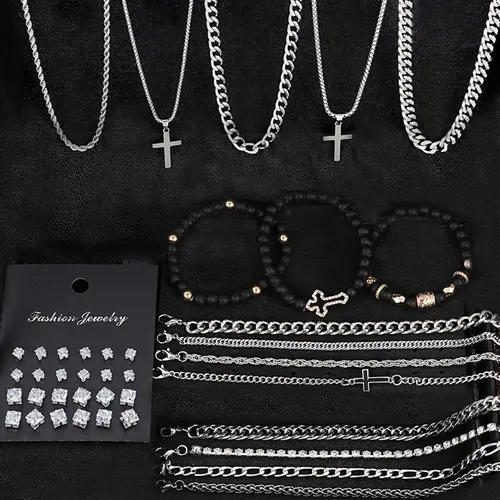 40-Piece Fashionable Casual Hip-Hop Style Stainless Steel Jewelry Set, Includes Cross Necklace, Beaded Bracelet & Geometric Zircon Earrings, Gift for Couples