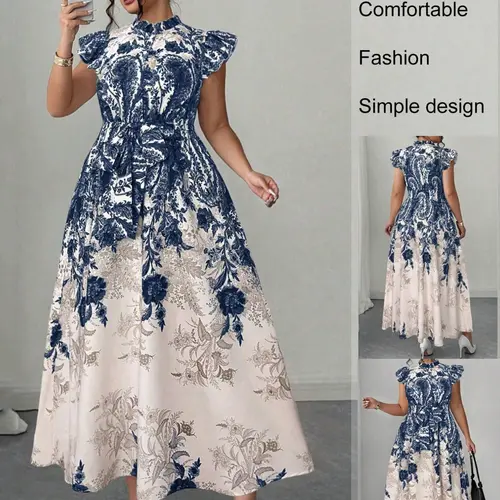 Plus Size Vintage Blue Floral Midi Dress, Cap Sleeve Loose-Fit Casual Style, Perfect for Vacation, Tea Time, Wedding Guest & Daily Wear