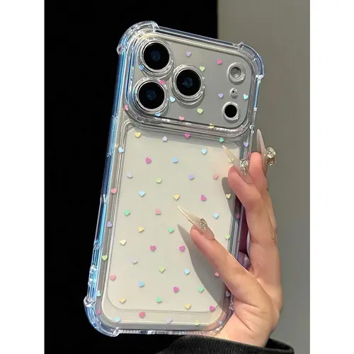 Cute Colorful Dopamine Heart Pattern Transparent Phone Case, Air Cushion Anti-Fall, Lens Raised Protection, Anti-Dust Mesh Design, Compatible With iPhone 17/16/15/14/13/12/11/ProMax/Air/Plus, Samsung Galaxy S series