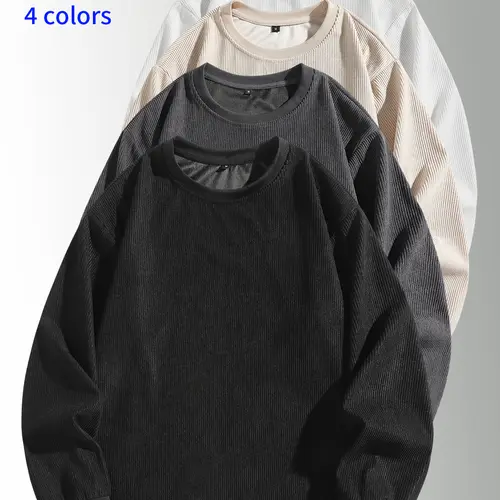 3-pack men’s sweatshirts: crewneck pullover, corduroy crewneck top, casual minimalist loose long-sleeve apparel; solid basic fit with vertical textured design; made from skin-friendly, breathable fabric—ideal for everyday commuting outfits.