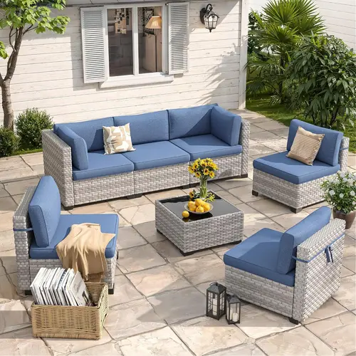 7-Seat Modular Patio Sectional Couch - 2-Package Delivery, Thick 4" Cushions, Dual-Strand PE Rattan Wicker, Rust-Resistant 18mm Steel Frame, Weatherproof Rattan Wicker Outdoor Furniture Set for Backyard Garden Deck Lounge, Easy Assembly, Modular Sectional