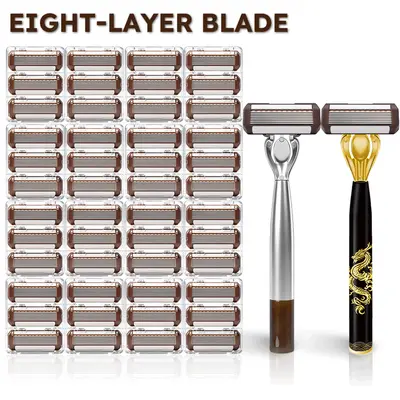 Men's Luxury High-Density All Metal Stainless Steel 8-Blade Ergonomic Manual Shaving Kit - Straight Blade Razors for Beard & Sideburn Grooming, Optional 24/48/72 Refills, Ideal Father's Day Gift for Facial Hair Management