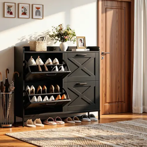 VOWNER 47.2" Farmhouse Shoe Storage Cabinet, 4 Flip Drawers for 24-32 Pairs, Narrow Hidden Shoe Rack With Metal Legs, Freestanding Wooden Shoe Organizer, For Entryway, Hallway or Living room