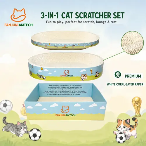 FANJUN-AMTECH 3-in-1 Cat Scratcher Set - Cartoon Sports Themed Classic Scratch & Rest Lounge & Bed, High-Density Durable White Corrugated Cardboard, Space-Saving Stackable Indoor Cat Furniture