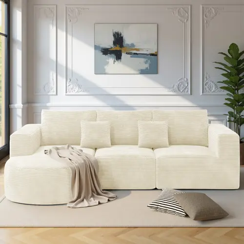 【2 Packages shipping】Modular Sectional Sofa with L-Shape Chaise,Cloud Sectional Modern Sleeper Couch with Deep Seat,Sponge Compression Sofas No Assembly Required (Beige-Corduroy Fabric)