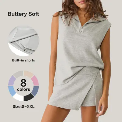 [HOT] Women's 2-Piece Plain Skirt Set, Summer Sleeveless Half-Zip Sweatshirt & Athletic Skorts, Tennis & Casual Outfits, 2 Piece Sets, Workout Sets Women