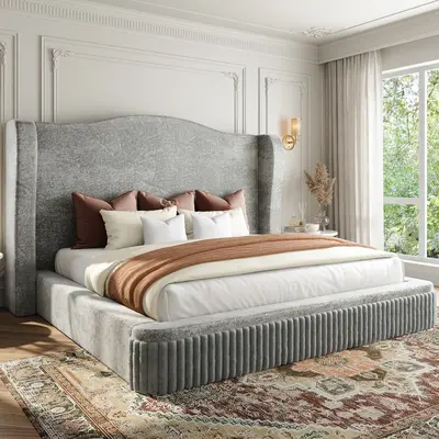 [Box Spring Included] Raybee Quiet Luxury 49" Tall Cloud Bed Frame with Wingback Headboard, Boucle Fabric Upholstered Marshroom Bed Dupe with Soft-Sided Frame, Easy Assembly anti-Bump Statement Bed Frame for Full/Queen/King Size, White, Gray, Black