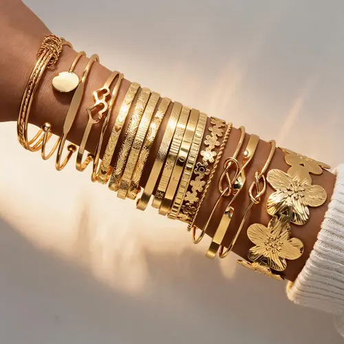 19-Piece Bracelet Set, Elegant Floral Design, Flower Design Bracelet, Adjustable Cuff Bracelets, Stackable Bracelets, Bangles Bracelets Set, Women's Fashion Accessories, Perfect Gift