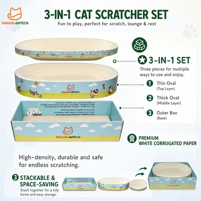 FANJUN-AMTECH 3-in-1 Stackable Large Cartoon Sports Themed Cardboard Cat Scratcher Lounge, Premium High-Density Corrugated Paper Classic Pet Furniture for Small Indoor Cats, Safe Long-Lasting