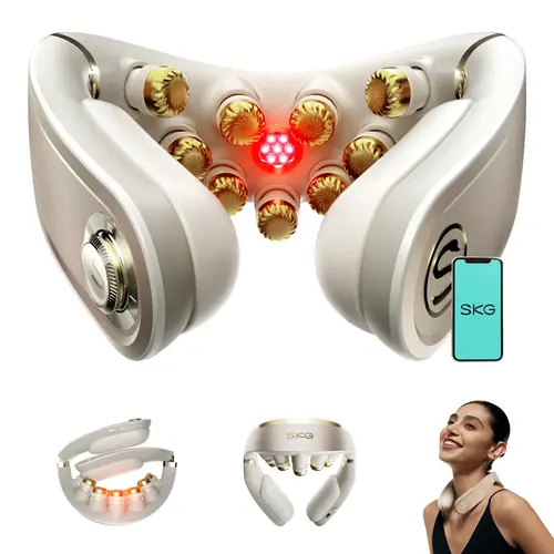 SKG Foldable Neck Massager for Pain Relief Deep Tissue Vibration Cordless Travel Massager,Portable 3D Neck Massager for Office Home Car Travel Gold Titanium Neck Massager 3.0 Valentine Gifts,back to school,back to school haul,sohochic