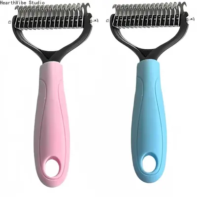 2PC Professional Pet Deshedding Grooming Tools - 2-Sided Dematting Comb, Undercoat Rake for Dogs, Cats, Puppies to Control Flying Hair (Blue, Pink)