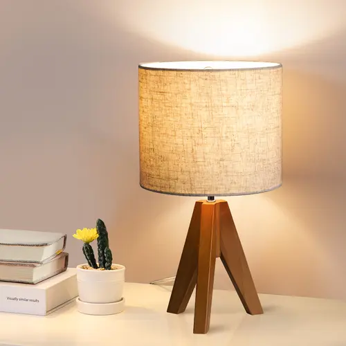 EDISHINE Small Table Lamp, 14.17" Wood Tripod Bedside Lamp with Bamboo Lampshade & PVC Shade, ON-Off Switch & E26 Base, Boho Nightstand Lamp for Living Room, Bedroom
