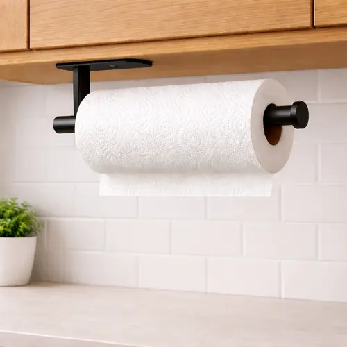 Stainless Steel Black Paper Towel Holder - Self-Adhesive or Drilling Installation, Smooth Metal Design with Water-Proof Pad, Under Cabinet/Wall Mount for Kitchen, Bathroom,sohochic