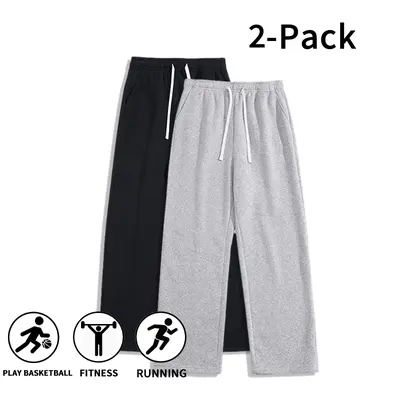 Men’s 2-Pack Fall-Winter Polyester Athleisure Track Pants - Baggy Gym Sweatwear, Straight Leg, Adjustable Waist Elastic Drawstring, Active Gym Sporty Chic Pants for Basketball, Fitness