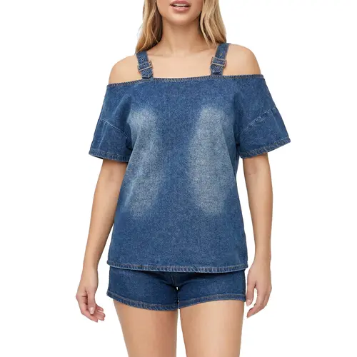 Fisoew Women's Off-Shoulder Short-Sleeve Denim Top - Adjustable Buckle Strap, Loose Fit, Retro Vintage Streetwear Blouse, Machine Washable, Summer Vacation Casual Outfit, Shortsleeve, Adjustable Strap,sohochic
