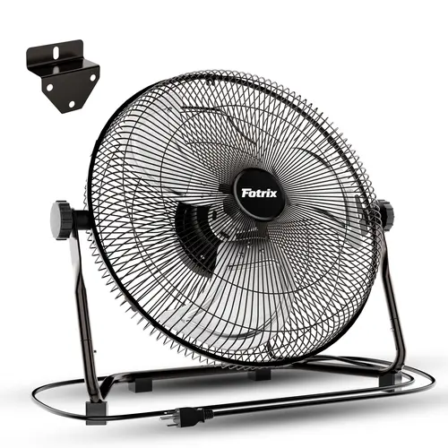 High-speed industrial floor and wall mounting fan, heavy metal construction, adjustable three speed settings, wall mounting kit, 360° tilt angle, quiet dual roller motor, cable management design, 3 aluminum blades, suitable for garages and workshops, adju