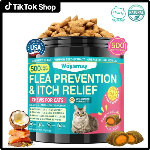 Woyamay Small Cat Flea & Tick Prevention Daily Chews - 500 Crunchy Chicken Flavor Chewables with Salmon Oil, Pumpkin, Vitamin B, Itch Soothing Relief for Itchy Skin & Coat Care, Reduces Licking & Scratching