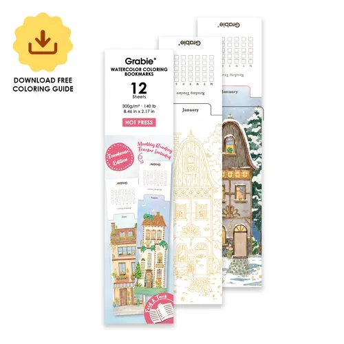 Grabie 12 Sheets 140lb Watercolor Coloring Bookmarks - Townhouse Edition, Durable Surface, Built-In Reading Tracker, Blank Print, Fold-And-Tuck Index Design, Craft Use, All Year Office Art Supplies
