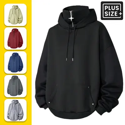 Plus Size Men's Long-Sleeve Hoodie Sweatshirt - Menswear, Half-Zipper, Stylish Casual Loose Fit, Plain Spring/Autumn Top, Suitable for Everyday Wear sohochic