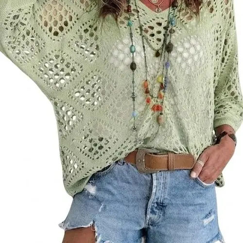 Phefee Women's Chic Aesthetic 2-Piece Cotton Pant Set - 100% Eyelet Crochet V-Neck Hollow-Out Sleeved Knit Pullover, Geometric Design, Bikini Cover-Up (Denim Leggings Compatible, Note: 1 size smaller fits better),sohochic