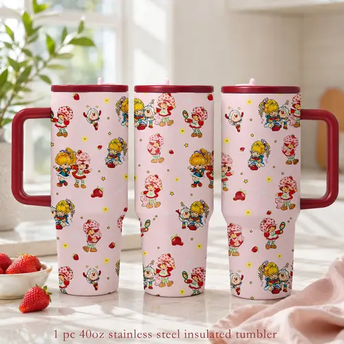 40 Oz Insulated Strawberry Print Tumbler, Double Walled Tumbler, Double-Wall Vacuum Leak-Proof Portable Travel Mug with Handle and Lid, Keeps Drinks Hot 12H Cold 24H, Summer Drink Cup for Beach Picnic, Ideal Gift for Women and Girls