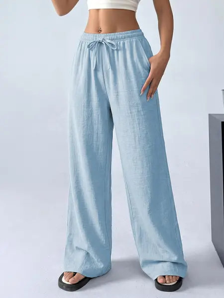 Women’s ultra-comfortable long pants made from polyester fiber, featuring a drawstring elastic waistband, lightweight drapey fabric, wide-leg design—ideal for sports and everyday casual wear, versatile for two ways to wear.