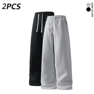Men's 2-Piece Autumn-Winter Casual Sweatpants Set - Personalized, Plain, Preppy Essential Clothes with Baggy Wide-Leg Straight Pants, Elastic Drawstring, Comfortable Streetwear (Black + Light Gray)