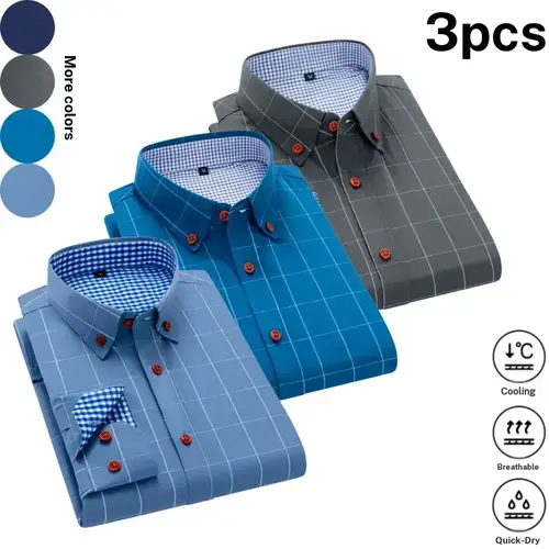 Men's 3-Piece Plaid Color Block Long Sleeve Shirt Set, Business Casual Menswear Tops, Stylish Buttoned Notched Collar, Red Buttons, Blue & White Plaid Lining, Sharp Look, Visual Depth,sohochic