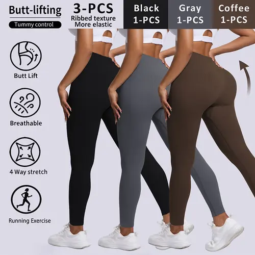 Women's 3-Piece Ribbed Seamless Active Wear Set - High Waist Butt-Lifting Tummy Control Anti-Cameltoe Quick Dry Sports Leggings for Yoga, Gym,sohochic