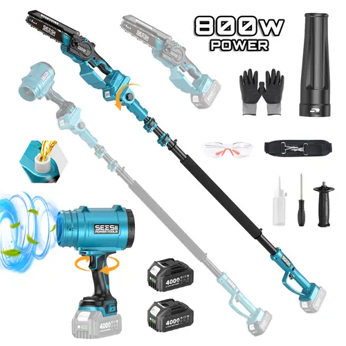 SEESII 8 Inch Cordless Pole Saw Kit, Telescopic Extension Pole Equipped with 8 Inch Chainsaw & Air Blower, Ideal for Garden Trimming, Gutter Cleaning, Vehicle Post-wash Drying, Home Renovation and Outdoor Yard Maintenance CHB80