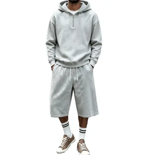 Men's 2-Piece Casual Athletic Matching Set - Half-Zip Hooded Long Sleeve Loose Fit Plain Fashion Streetwear Top + Wide-Leg Shorts with Elastic Waistband & Drawstring, Trendy Men's Clothing Sets,sohochic