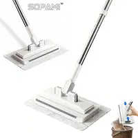 SOPAMI Retractable Disposable Flat Dust Mop - Floor Care Tool, Removable Mop, Clamp Design, Hands-Free No Hand-Wash, Dry-Wet Dual Use, Oneclick Cloth Swap, Hardwood & Tile Ok, Ideal for Baseboards