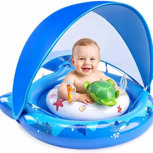 Inflatable Baby Pool Float with Removable Sun Canopy, UPF50 Protection, Compact, Premium PVC Resists Wear, Portable Easy Storage, Comfortable Support Seat, Air Pump & Toys Included, for 6-36 Months Kids (Lake, Beach Use)