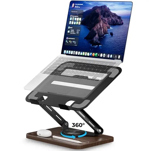 Viozon Laptop Stand for Desk, Adjustable Laptop Desk Stand with Wood Base Storage, 360° Rotating Swivel Computer Stand for Laptop, Ventilated Cooling Desktop Holder Fits up to 15.6" Notebooks/Laptops