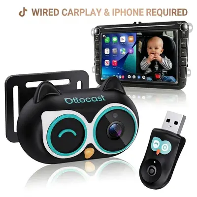 【WIRED CARPLAY AND IPHONE REQUIRED】OTTOCAST Baby Car Camera &Wireless CarPlay Adapter,1080P HD Rear Seat Monitor Display on Car Screen,150°Wide Angle No-Glow Night View, Safety for Kids & Infants