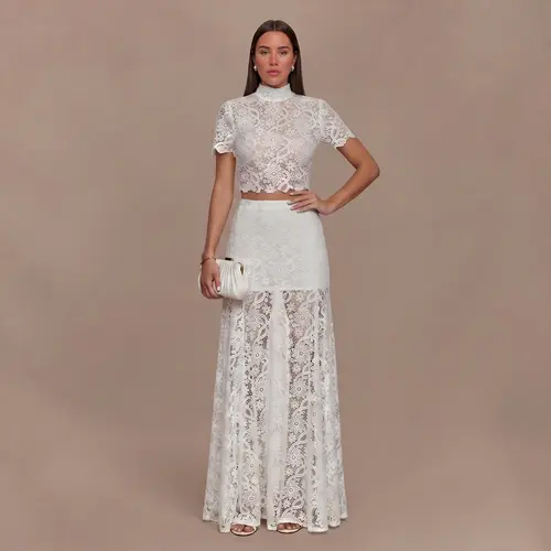 LikeMyChoice 2026 Romantic Floral Lace Short-Sleeve Two-Piece Set | Sexy Sheer Crop Top & High-Waist Lined Mini Skirt Coquette Aesthetic Night-Out Outfit | Viral Lace Matching Set Summer