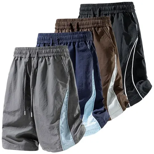 Men’s Colorblock American Retro Ice Silk Athletic Shorts - Drawstring Elastic Waistband, Pockets, Breathable, Quick Dry, Lightweight, Loose, 95% Polyester Fiber, 5% Polyurethane Elastic Fiber (Elastane) - Summer Sports, Vacation Wear, Father's Day Gift, B