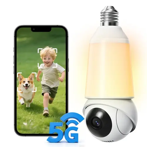 Floodlight Bulb Security Camera, Wireless WiFi PTZ Outdoor Surveillance Device with 2.4/5GHz Dual-Band WiFi, Human Vehicle & Pet Detection, Color Night Vision, 2-Way Audio, IP65 Waterproof, Smart Wireless Surveillance Security Cameras & Systems