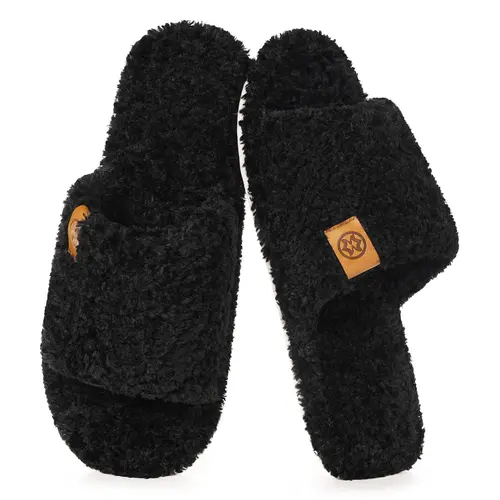 Intini Men's Fuzzy Fur Indoor Footwear, Open Toe Slip-On Slippers with Soft Memory Foam & TPR Sole, Non-Slip Lightweight Bedroom Shoes for Indoor Wear Home Slides,sohochic