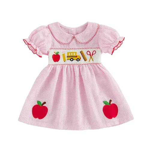 Toddler Baby Girl Back to School Outfit First Day of School Pre K Plaid Smocked Short Sleeve Dress Summer Clothes