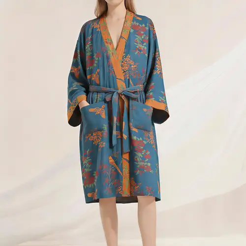 Arssm Women Cotton Gauze Robes Jacquard Japanese Yukata Muslin Kimono Robe Bathrobe Loungewear Sleepwear