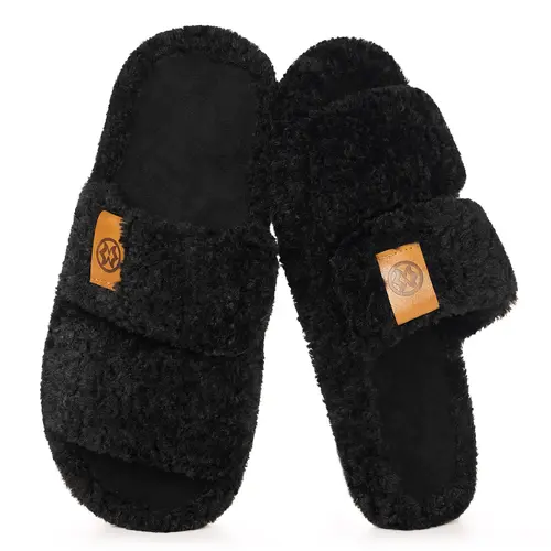 Intini Women's Cozy Fur Slides Footwear - Open Toe Slip-On Casual Women's Fashion Slippers with Arch Support, Anti-Slip Outsoles, Lightweight Winter Indoor Bedroom Shoes (Dark Grey),sohochic