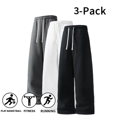 3‑Pack Men’s Wide‑Leg Sweatpants, Drawstring Elastic Waist, Loose Fit Pants, Breathable Stretch, Fall/Winter Casual Street Wear