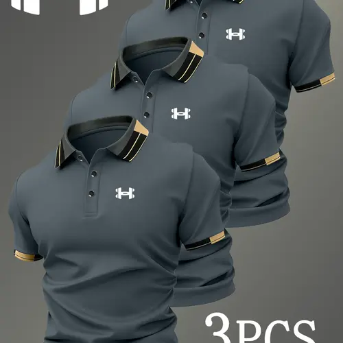 Men's Golf Polo Shirts Set, Polo Style, Fashion Logo Print, Fitted Trendy Casual Geometric Pattern, Breathable Stretchy Fabric, All-Season Comfort, Short Sleeve Polo, Collared Polo Shirts
