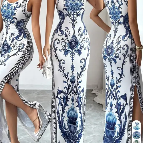 Blue-and-White Porcelain Style Sleeveless Long Bodycon Dress for Women Summer Beach & Vacation, Evening Party Wear